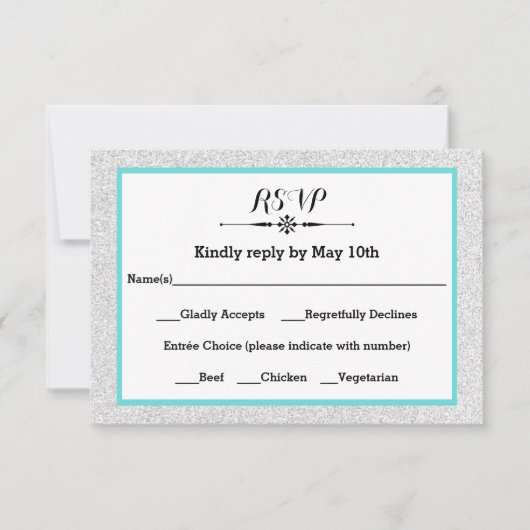 白いグリッターおよびティール(緑がかった色)フレームRSVPの応答カード 出欠カード (正面)