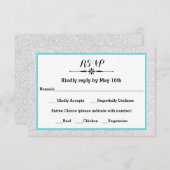 白いグリッターおよびティール(緑がかった色)フレームRSVPの応答カード 出欠カード (正面/裏面)