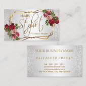 白いグリッターおよび花柄の美容師 名刺 (正面/裏面)