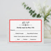 白いグリッターおよび赤いフレームRSVPの応答カード 出欠カード (スタンド正面)