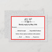 白いグリッターおよび赤いフレームRSVPの応答カード 出欠カード (正面/裏面)