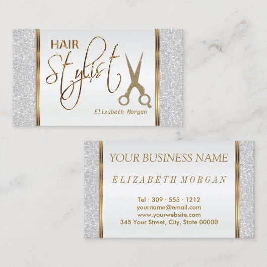 白いグリッターおよび金ゴールドの美容師 名刺 (正面/裏面)