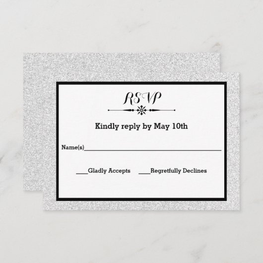 白いグリッターおよび黒いフレームRSVPの応答カード 出欠カード (正面/裏面)