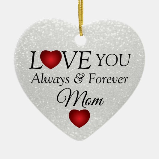 白いグリッターと赤いハート セラミックオーナメント (正面)