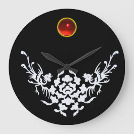 白いグリフィンと花，赤いルビーの宝石 ラージ壁時計