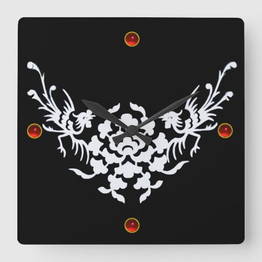 白いグリフィンと花、赤いルビージェムストーン スクエア壁時計 (正面)
