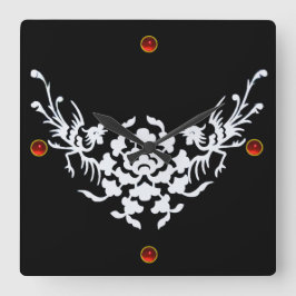 白いグリフィンと花、赤いルビージェムストーン スクエア壁時計