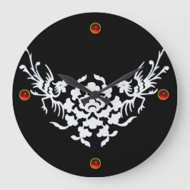 白いグリフィンと花，赤いルビージェムストーン ラージ壁時計