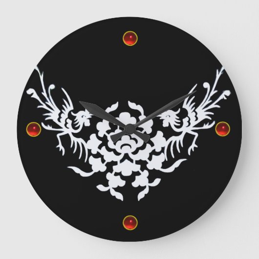 白いグリフィンと花，赤いルビージェムストーン ラージ壁時計 (正面)