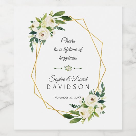 白いグリーンの花モチーフ ゴールドフレーム 結婚式の招待状 ワインラベル (シングルラベル)