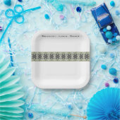 白いグレーと緑の四角 ペーパープレート (パーティー)