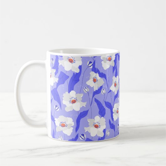 白いケシの花の継ぎ目のない模様。ビューティフルハ コーヒーマグカップ (左)