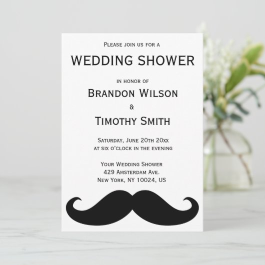 白いゲイウェディングシャワー招待状と口ひげ 招待状 (スタンド正面)