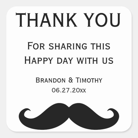 白いゲイ結婚式用シールと口ひげ スクエアシール (正面)