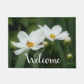 白いコスモスの花とミツバチ ドアマット (正面)