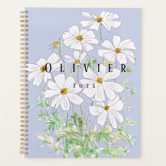 白いコスモスの花の絵を描水色 プランナー手帳 (正面)