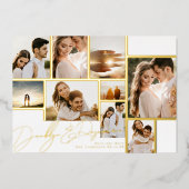 白いコラージュ数々のフォトフレーム日付金ゴールドの保存 箔招待状 (正面)