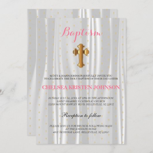 白いサかわいらしテンの洗礼 招待状 (正面/裏面)