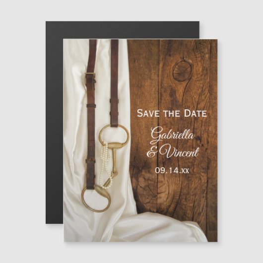 白いサテンと馬のビットウェディング日付を保存 マグネット招待状 (正面/裏面)