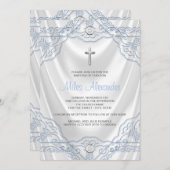 白いサテンに洗礼を施す空色の洗礼 招待状 (正面/裏面)