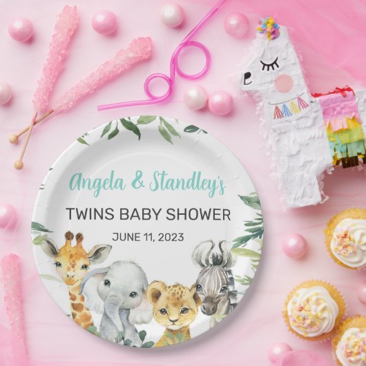 白いサファリ動物の赤ちゃんシャワー紙プレート。 ペーパープレート (パーティー)