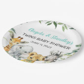 白いサファリ動物の赤ちゃんシャワー紙プレート。 ペーパープレート (アングル)