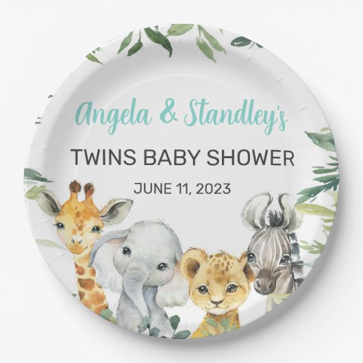 白いサファリ動物の赤ちゃんシャワー紙プレート。 ペーパープレート (正面)