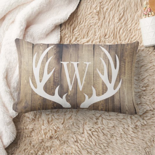 白いシカの(雄ジカの)枝角の農家木モノグラム ランバークッション (ブランケット)