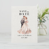 白いシックなピンクのフローラカップルの写真Save the Date 招待状 (スタンド正面)