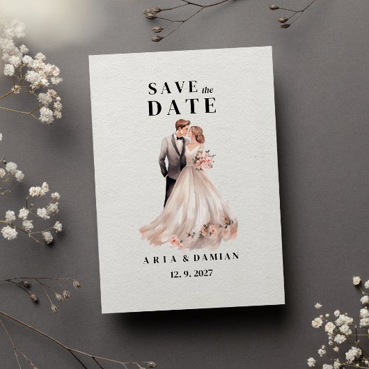 白いシックなピンクのフローラカップルの写真Save the Date 招待状