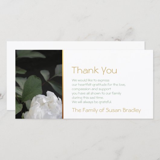 白いシャクヤク2の記念物の悔やみや弔慰は感謝していしています サンキューカード (正面/裏面)
