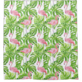 白いシャワーが浴びる熱帯の葉のピンクのフラミンゴ シャワーカーテン (正面)