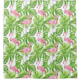 白いシャワーが浴びる熱帯の葉のピンクのフラミンゴ シャワーカーテン