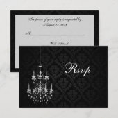 白いシャンデリアのシルエット付きブラックダマスク 出欠カード (正面/裏面)