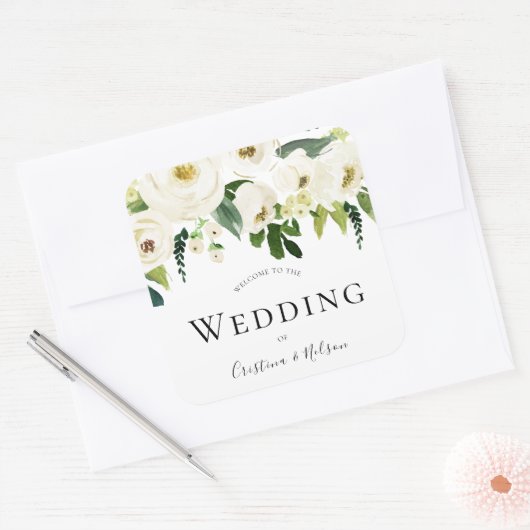 白いシャンパンの花結婚の歓迎ありがとう スクエアシール (封筒)