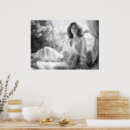 白いシルクシートに横たわる女性B&W写真 ポスター (キッチン)