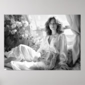 白いシルクシートに横たわる女性B&W写真 ポスター (正面)