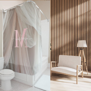 白いシルク ピンク モノグラム エレガント スクリプト ウェディング シャワーカーテン