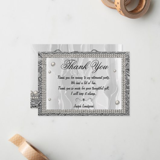 白いシルク、白い真珠と銀ありがとう ノートカード (正面/裏面インサイチュ)