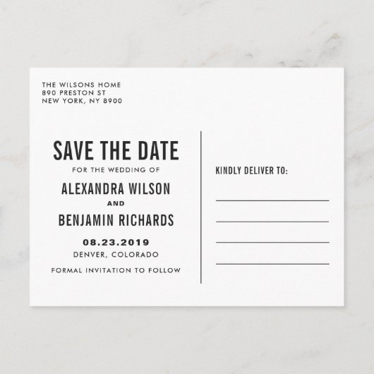 白いシンプルタイポグラフィ日付はがきを保存 案内ポストカード (裏面)