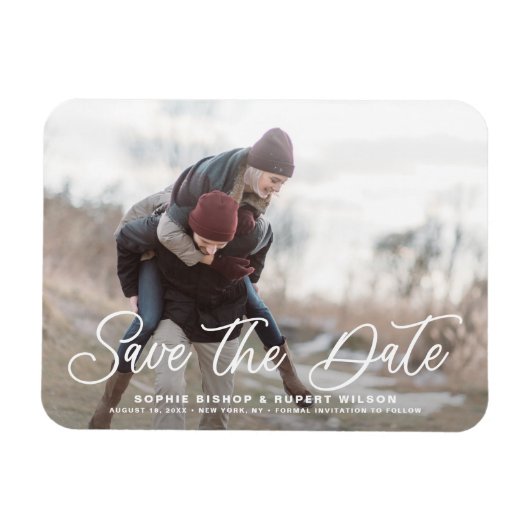 白いシンプル書道Save the Date Photo マグネット (横)