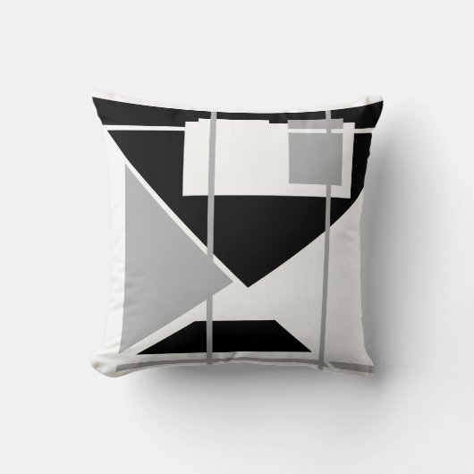 白いジオメトリ上の黒いグレーの三角形抽象芸術 クッション (正面)