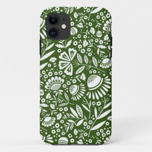 白いジオメトリ開花パターン（森の緑） iPhone 11 ケース