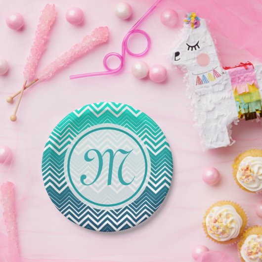 白いジグザグの山形と青い緑の背景 ペーパープレート (パーティー)