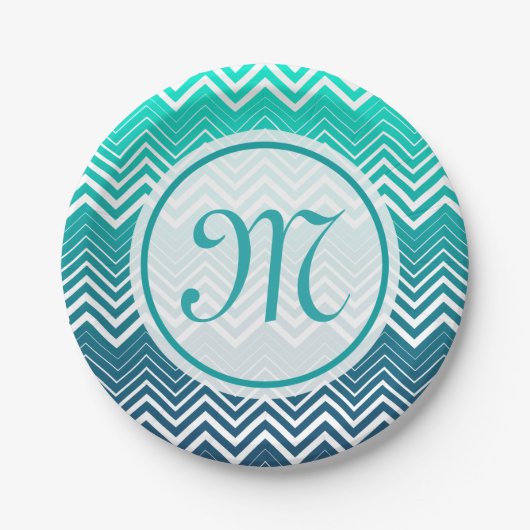 白いジグザグの山形と青い緑の背景 ペーパープレート (正面)