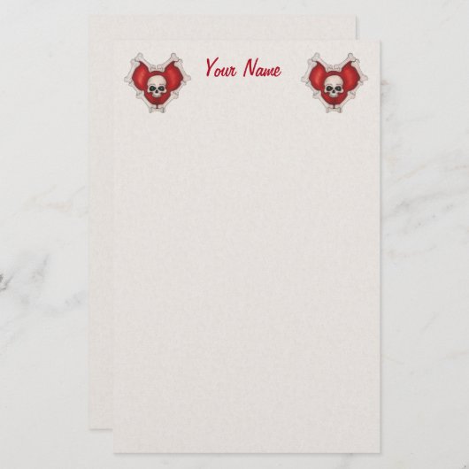 白いスカルを持つ2つの赤いゴシック様式の骨ハート 便箋 (正面/裏面)
