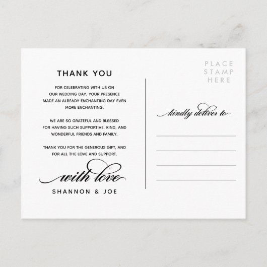 白いスクリプトありがとうあ結婚なたの写真コラージュ 案内ポストカード (裏面)