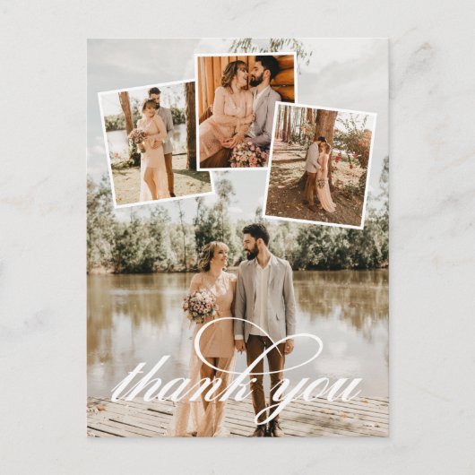 白いスクリプトありがとうあ結婚なたの写真コラージュ 案内ポストカード (正面)