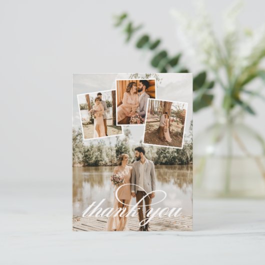 白いスクリプトありがとうあ結婚なたの写真コラージュ 案内ポストカード (スタンド正面)