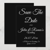 白いスクリプトが入った黒の「Save The Date」カード 招待状 (正面/裏面)